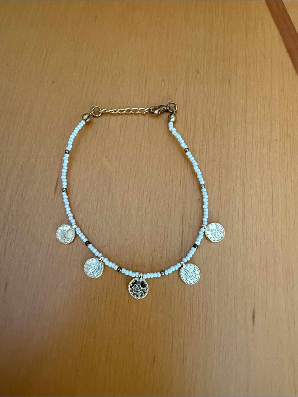 Beaded White and Gold Coin Charm Bracelet